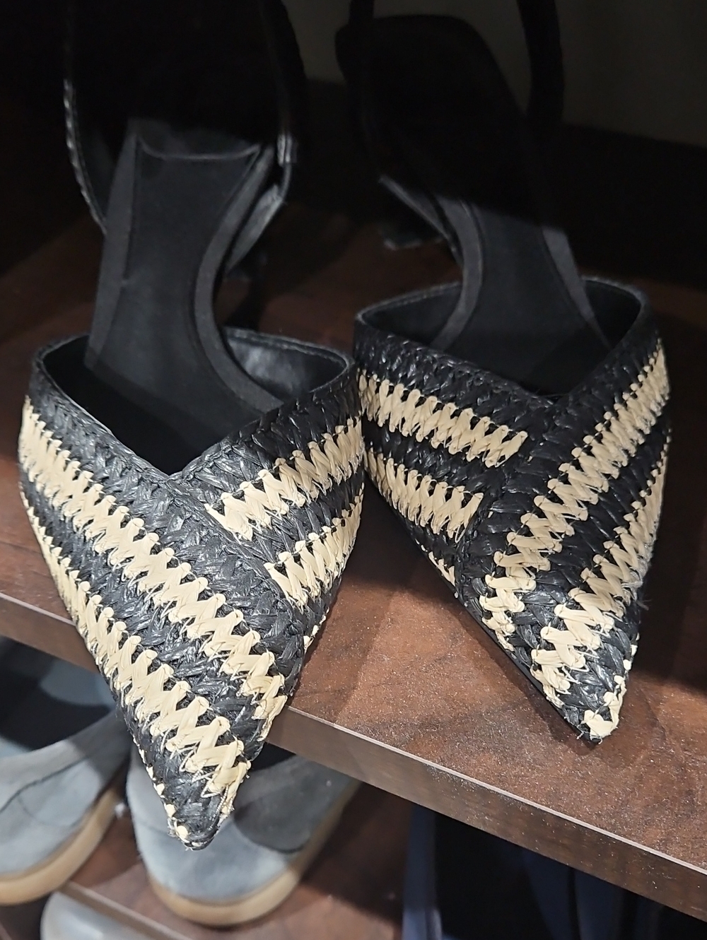 Zara Black and Natural Woven Pointed-Toe Slingback Flats